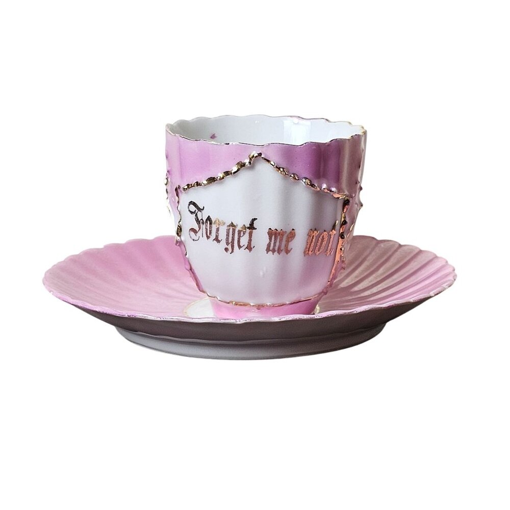 Antique Germany China "Forget Me Not" Pink Porcelain Teacup Saucer Demitasse